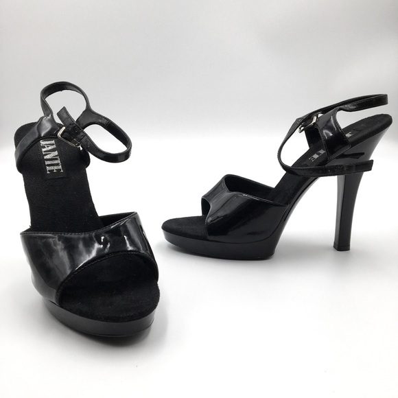 Jante Shoes - 5” Jante Black Faux Patent Open Toe Size 10 Heels 👠 Loved and Worn